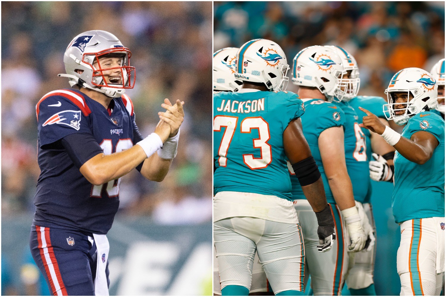 New England Patriots quarterback Mac Jones celebrates scoring a touchdown while Miami Dolphins quarterback Tua Tagovailoa leads the huddle.