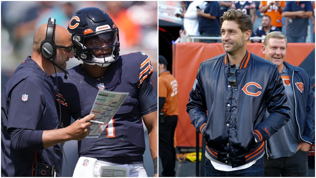 (L-R) Chicago Bears quarterback Justin Fields reviews plays with Chicago Bears head coach Matt Nagy during a preseason game between the Chicago Bears and the Miami Dolphins; Former Chicago Bears quarterback Jay Cutler stands on the field prior to the game between the Chicago Bears and the Green Bay Packers at Soldier Field in 2019.
