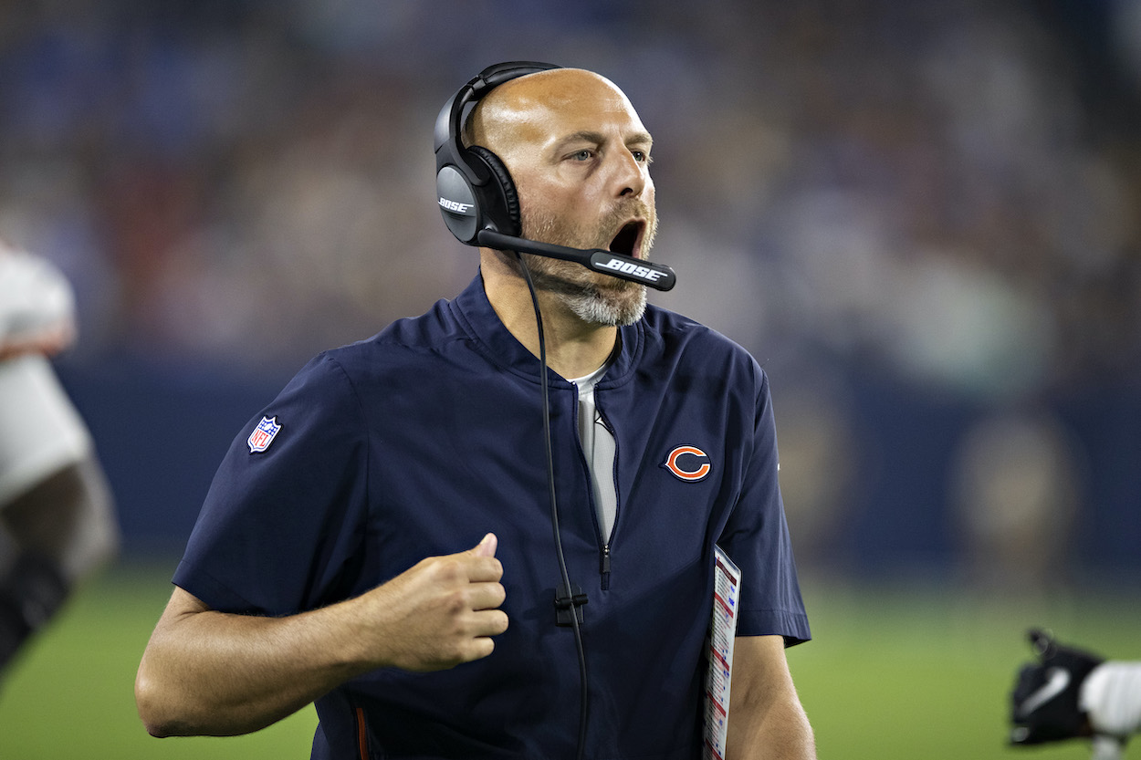 Head Coach Matt Nagy of the Chicago Bears on the sidelines during an NFL preseason game against the Tennessee Titans at Nissan Stadium on August 28, 2021 in Nashville, Tennessee. The Bears defeated the Titans 27-24.