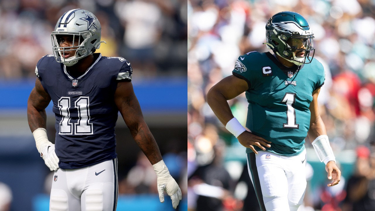 Cowboys linebacker Micah Parsons in action | Eagles QB Jalen Hurts in action