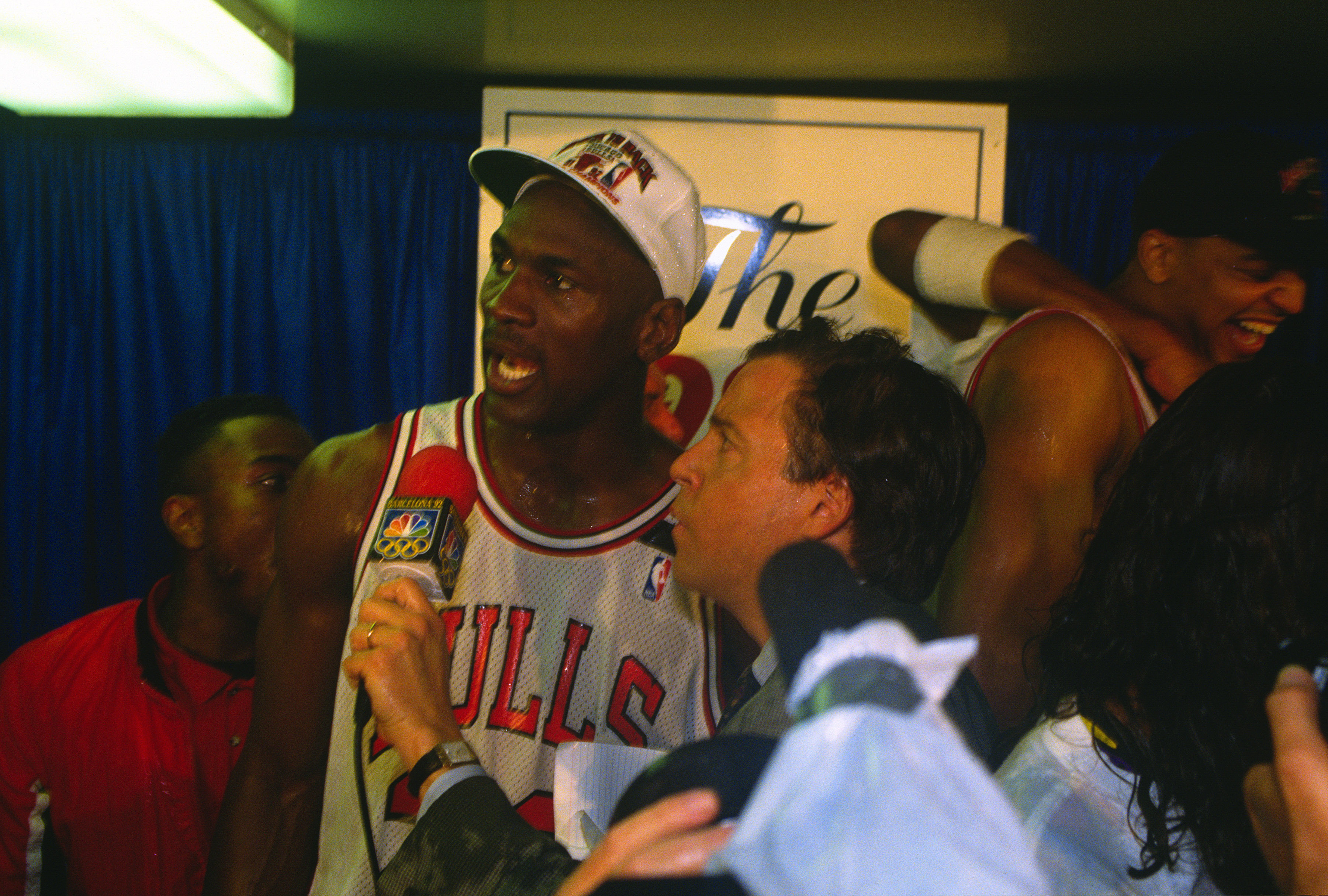 Bulls great Michael Jordan talks to Bob Costas after the 1992 NBA Finals