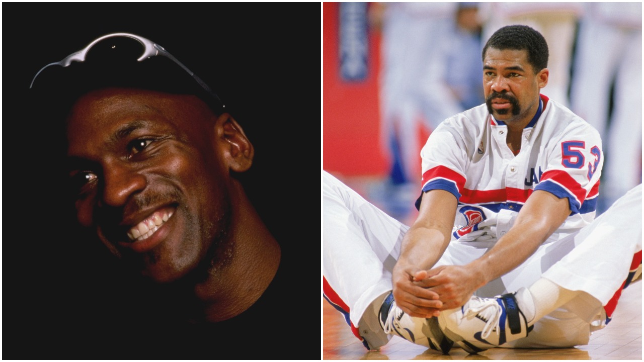 Bulls legend Michael Jordan poses for a portrait in 1996 and former NBA center James Edwards stretches before a game in 1989