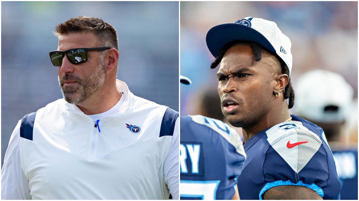 (L-R) Head Coach Mike Vrabel of the Tennessee Titans on the field prior to the game against the Arizona Cardinals at Nissan Stadium on September 12, 2021 in Nashville, Tennessee. The Cardinals defeated the Titans 38-13; Julio Jones talks on the sidelines with Derrick Henry of the Tennessee Titans during an NFL preseason game against the Chicago Bears at Nissan Stadium on August 28, 2021 in Nashville, Tennessee. The Bears defeated the Titans 27-24.