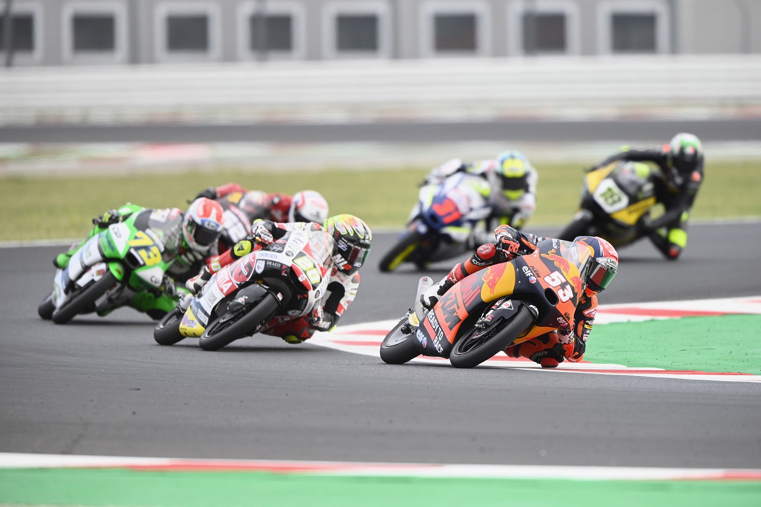 Deniz Oncu of Turkey leads the field during the Moto3 race during the MotoGP of San Marino competition on Sept. 19, 2021, in Italy.