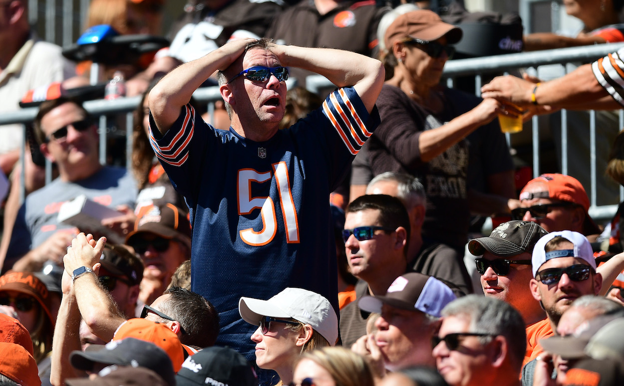 A Chicago Bears fan reacts to a holding penalty during the first quarter in the NFL Week 3 game against the Cleveland Browns at FirstEnergy Stadium on September 26, 2021 in Cleveland, Ohio.