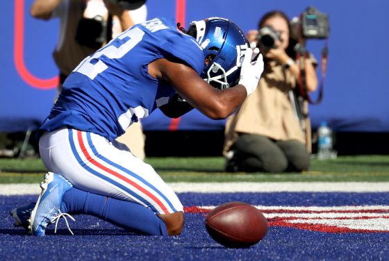 Adoree' Jackson of the New York Giants, who own the Chicago Bears 2022 first-round pick, misses an interception during the fourth quarter in the game against Atlanta Falcons in the game at MetLife Stadium on September 26, 2021 in East Rutherford, New Jersey.