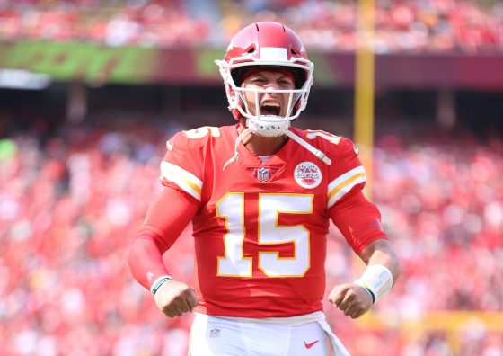 Patrick Mahomes of the Kansas City Chiefs reacts prior to the game against the Cleveland Browns at Arrowhead Stadium on September 12, 2021 in Kansas City, Missouri.