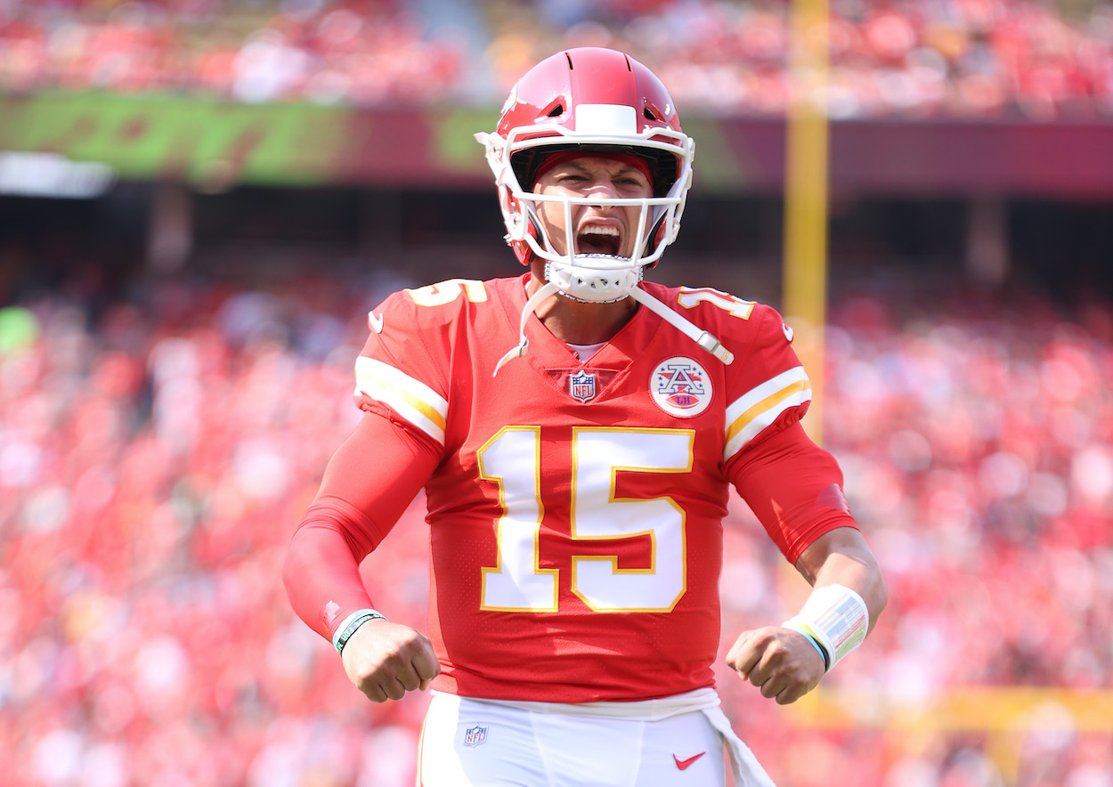 Patrick Mahomes of the Kansas City Chiefs reacts prior to the game against the Cleveland Browns at Arrowhead Stadium on September 12, 2021 in Kansas City, Missouri.