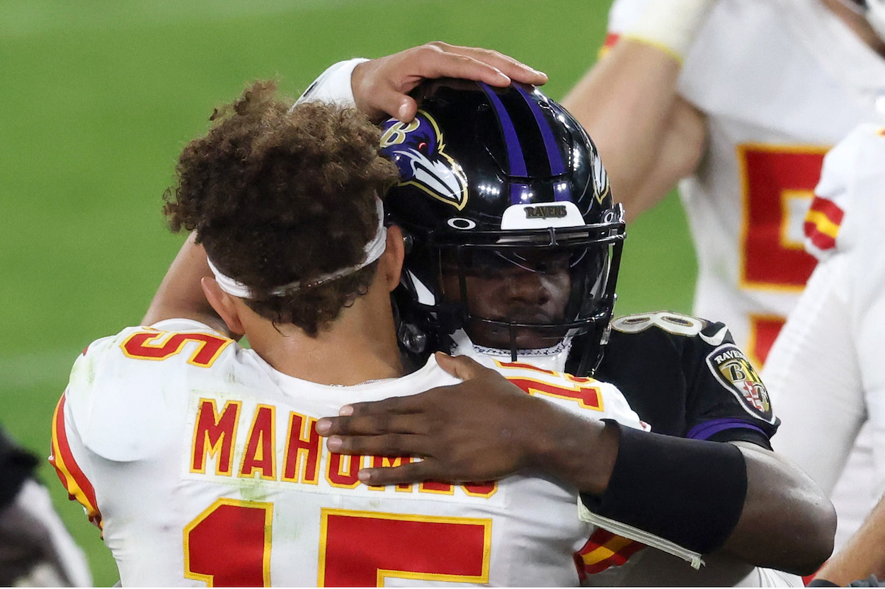 Patrick Mahomes and Lamar Jackson hugging after a game.