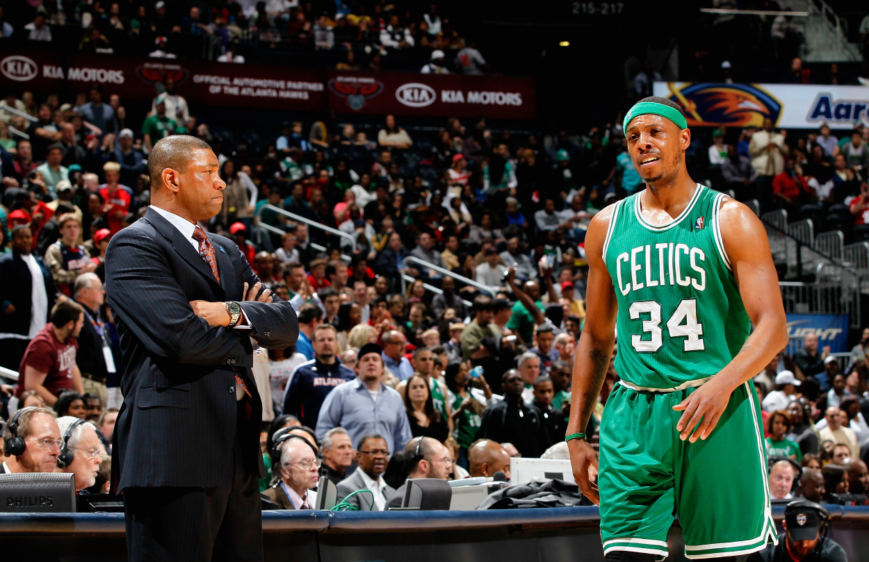 Former Boston Celtics coach Doc Rivers and NBA legend Paul Pierce in 2011.