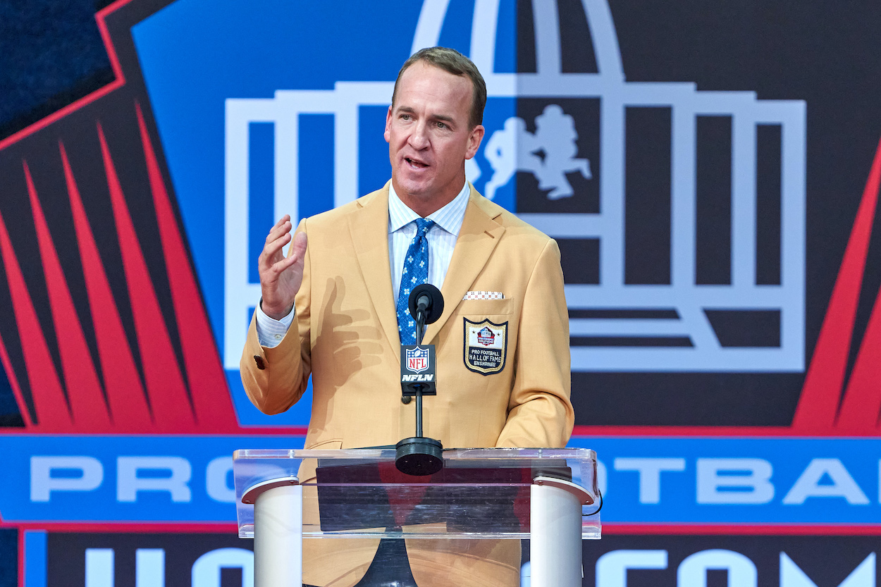Inductee Peyton Manning speaks during the Pro Football HOF Class of 2021 enshrinement ceremony on August 8, 2021 at Tom Benson Hall of Fame Stadium, in Canton, OH.
