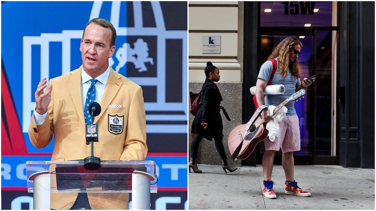 (L-R) NFL Hall of Fame quarterback Peyton Manning, who now hosts a Monday Night Football alternate broadcast and Barstool Sports personality PFT Commenter who has been heckling Manning on social media during his broadcasts.