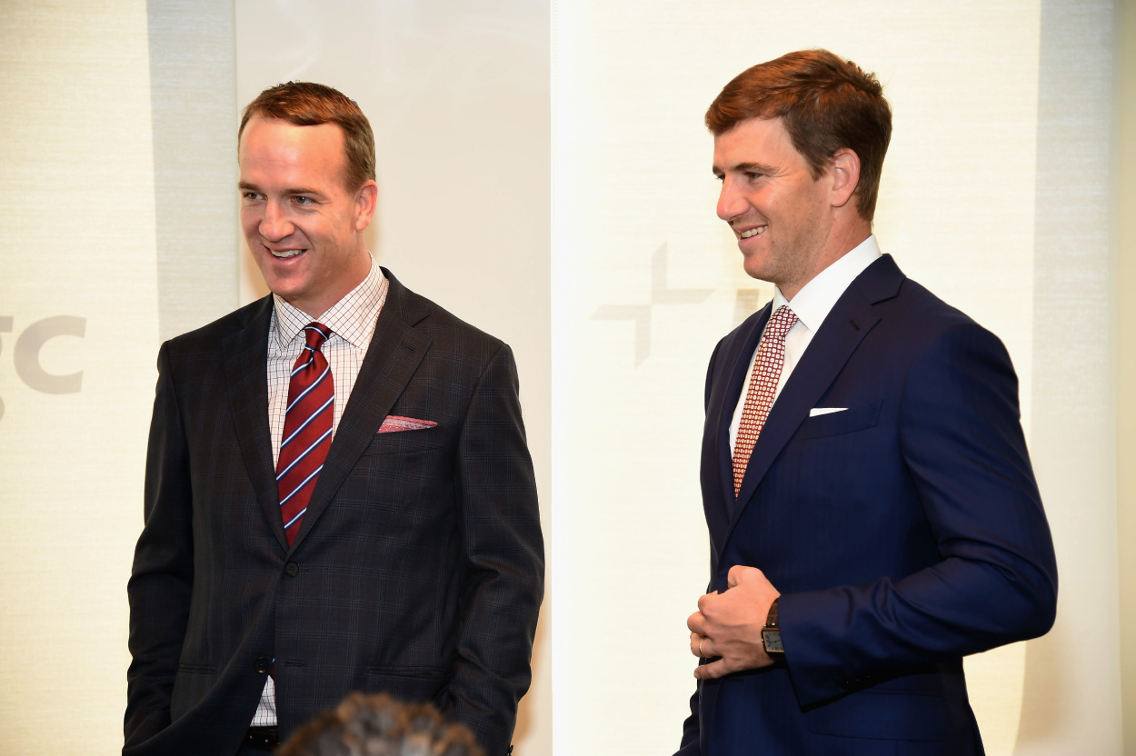 Former NFL quarterbacks Peyton and Eli Manning, who now have a 'Monday Night Football' telecast with ESPN that has had guests like Rob Gronkowski and Pat McAfee.