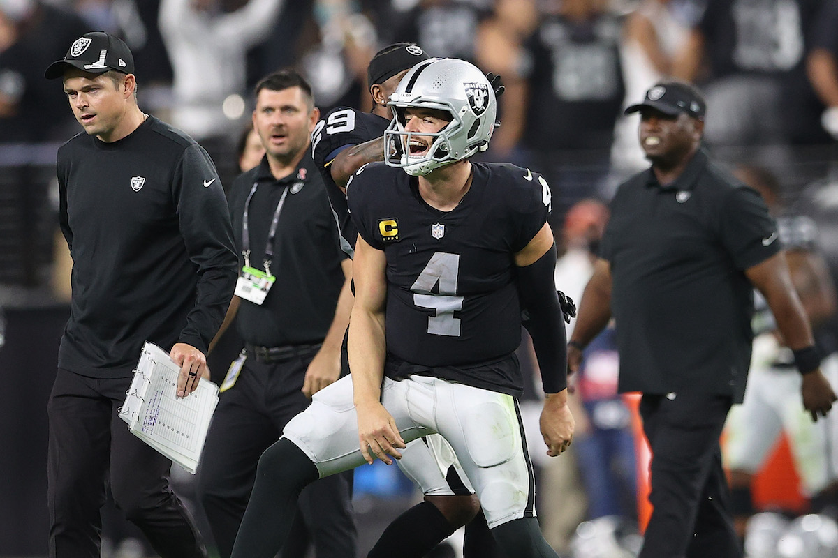 Quarterback Derek Carr of the Las Vegas Raiders celebrates after defeating the Baltimore Ravens