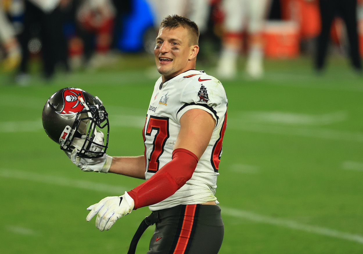 Rob Gronkowski of the Tampa Bay Buccaneers reacts after defeating the Kansas City Chiefs in Super Bowl LV at Raymond James Stadium on February 07, 2021 in Tampa, Florida. On Monday, he joined Eli Manning and Peyton Manning on their 'Monday Night Football' broadcast.