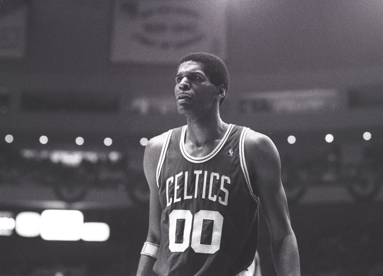 Robert Parish of the Boston Celtics takes a break during the during a game against the New York Knicks on May 6,, 1988.