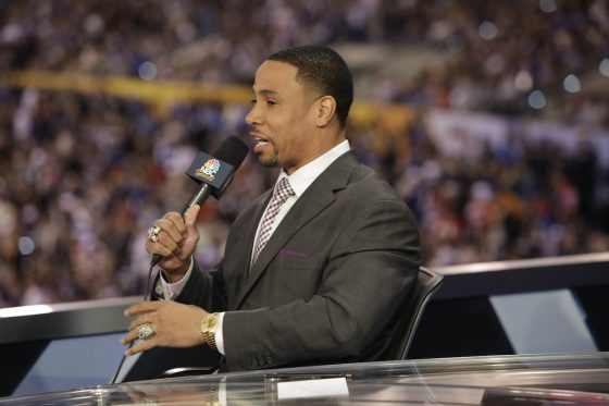 Rodney Harrison talks during NBC broadcast