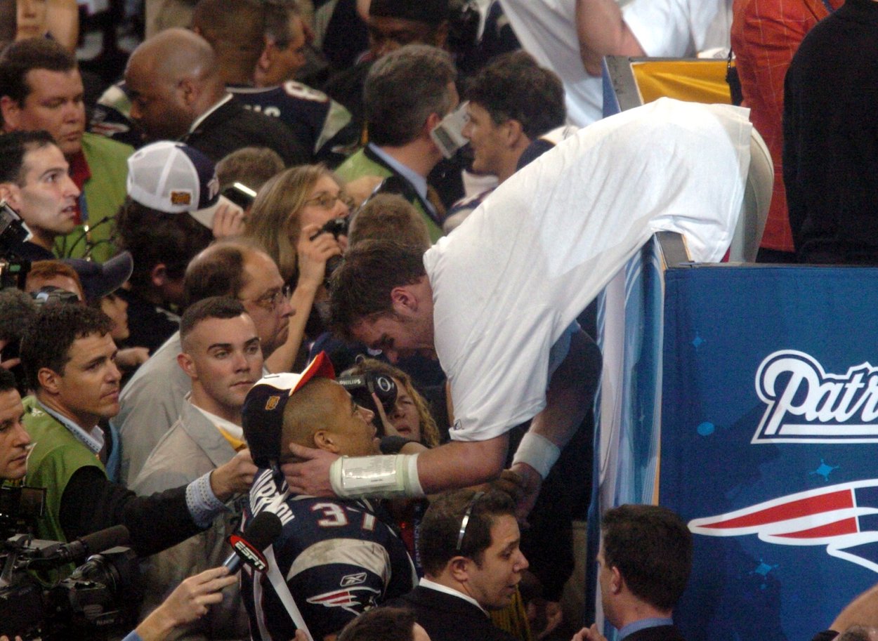 Rodney Harrison and Tom Brady after winning Super Bowl