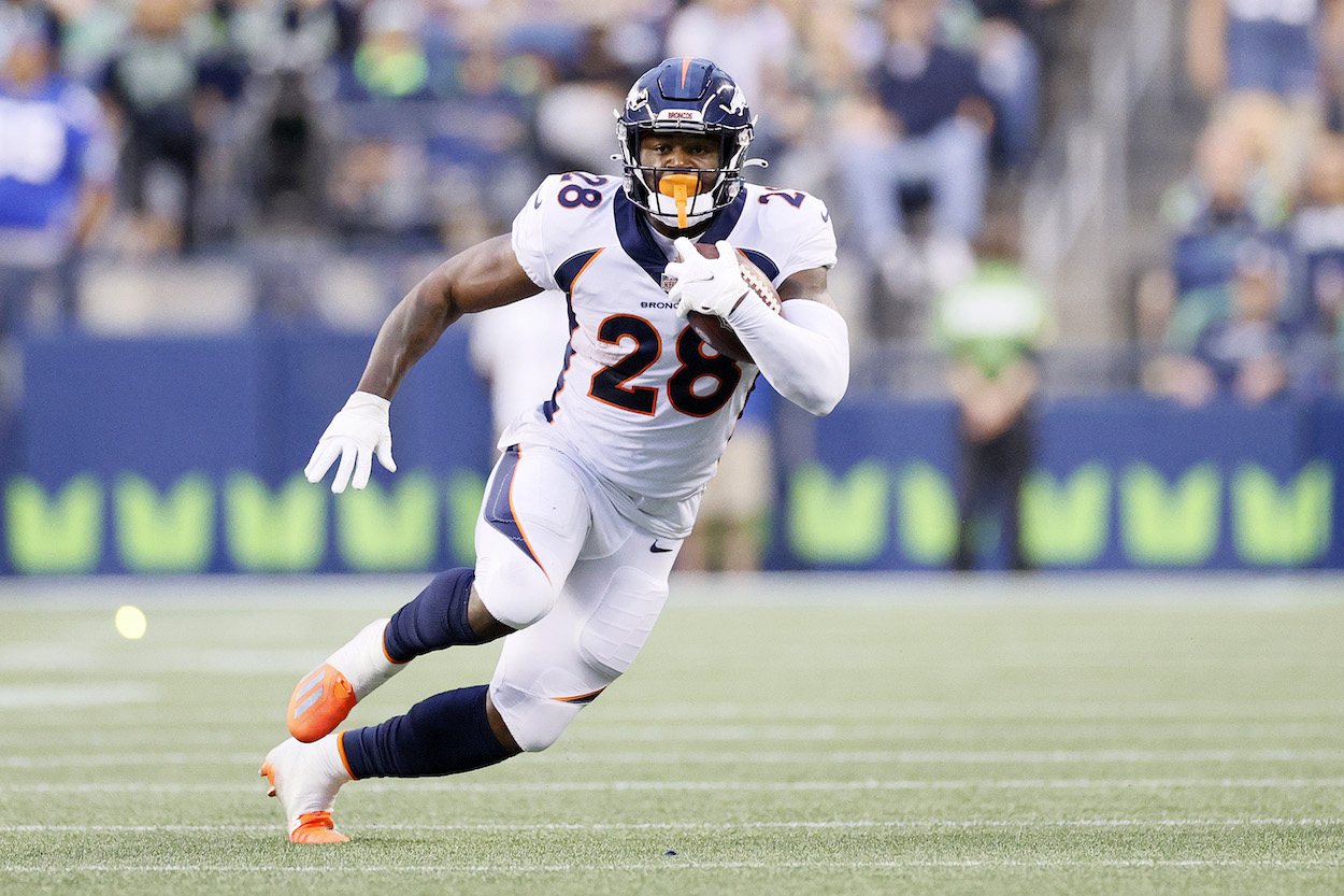 Royce Freeman playing for the Broncos, who the Baltimore Ravens tried to claim.