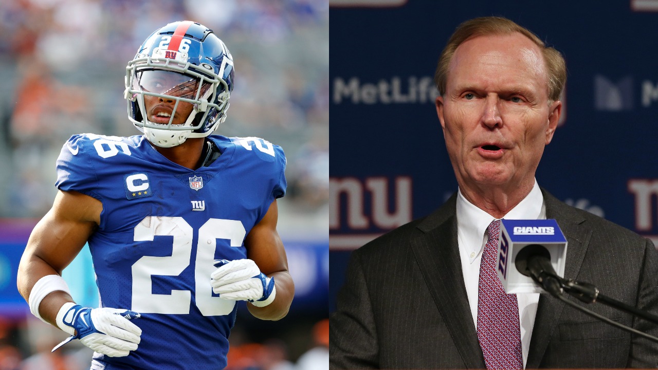 Giants running back Saquon Barkley on the field | Giants owner John Mara talking during a press conference