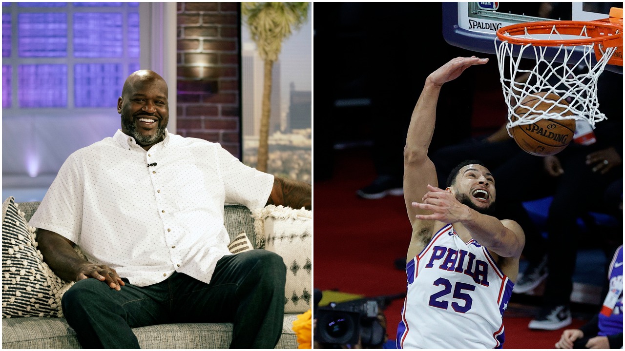 Shaquille O'Neal on the Kelly Clarkson Show and Ben Simmons dunking the ball during the 2021 NBA playoffs