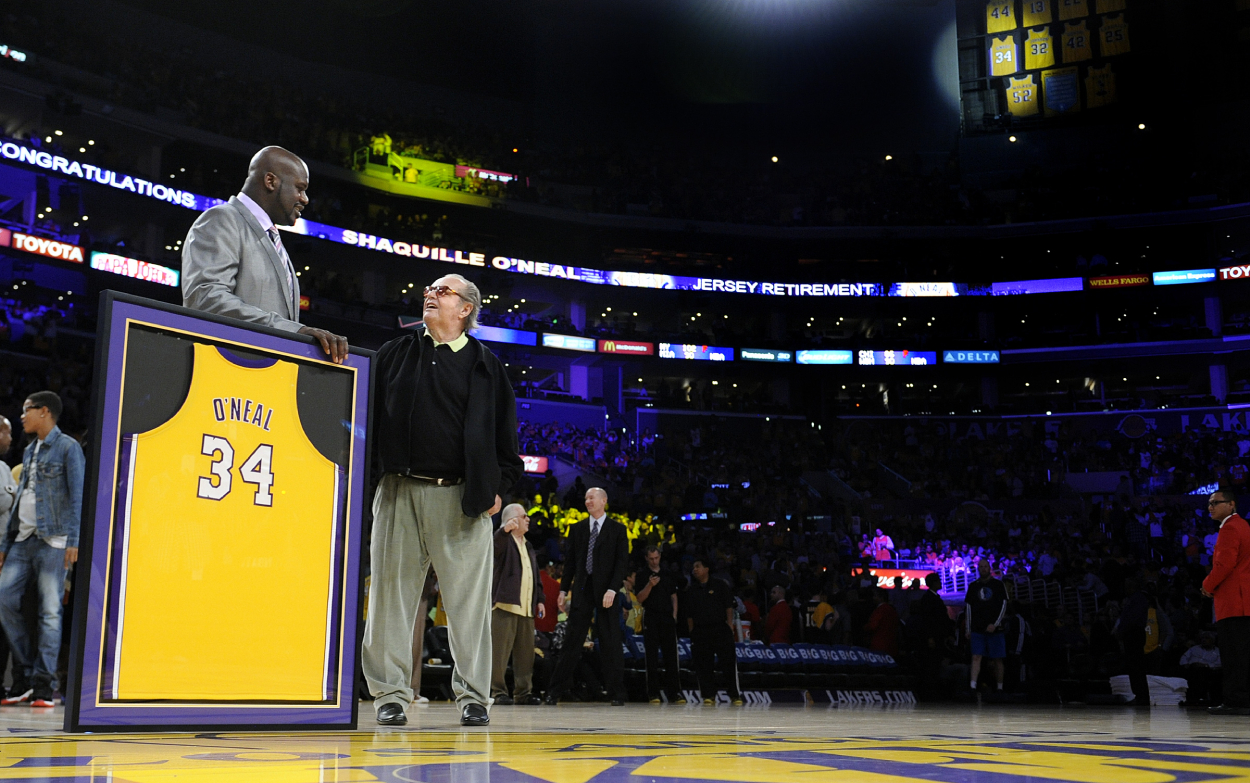 Lakers legend Shaquille O'Neal and actor Jack Nicholson during Shaq's jersey retirement ceremony.