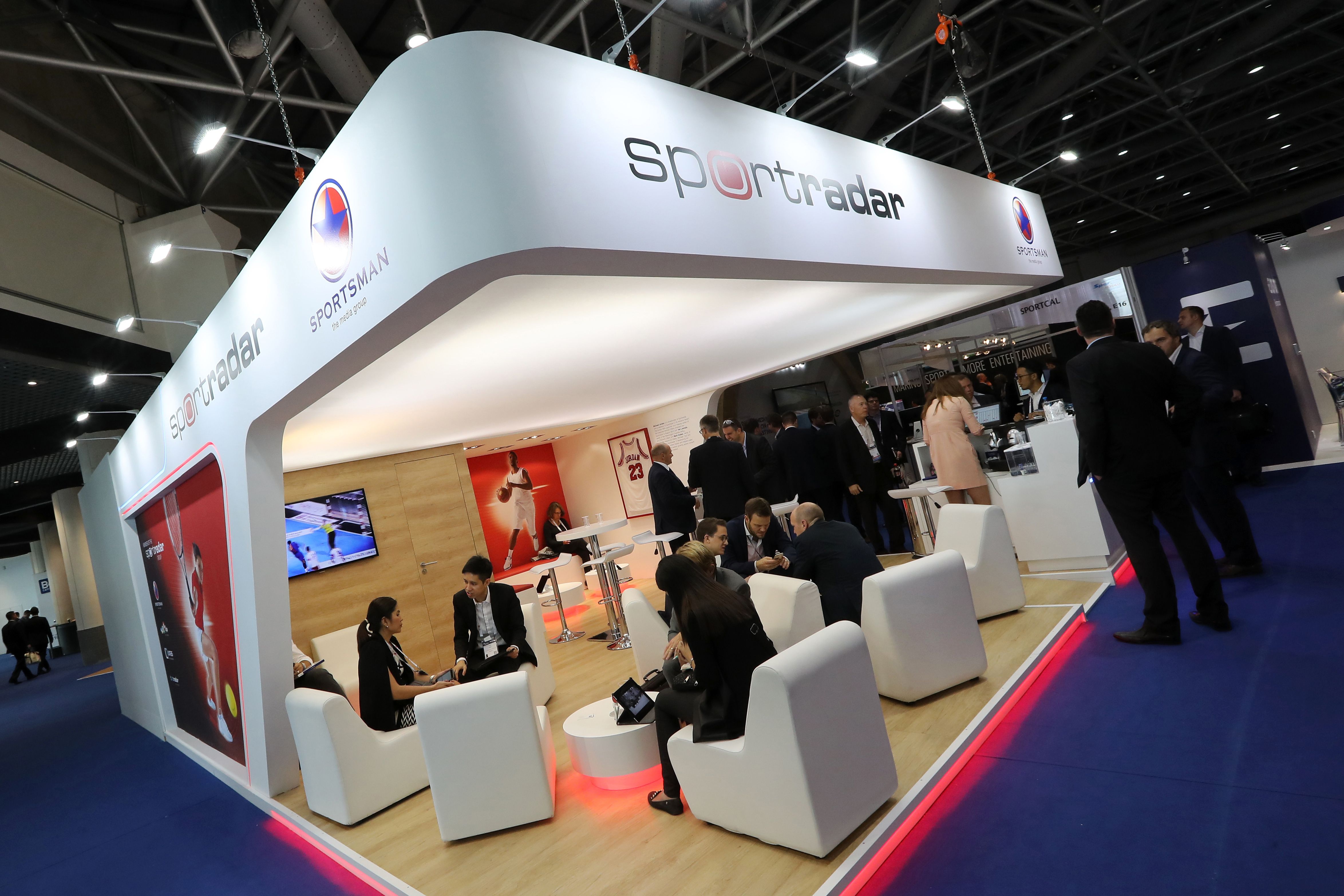 The Sportradar booth at the International Sports convention for Television and New Media in Monaco in 2016
