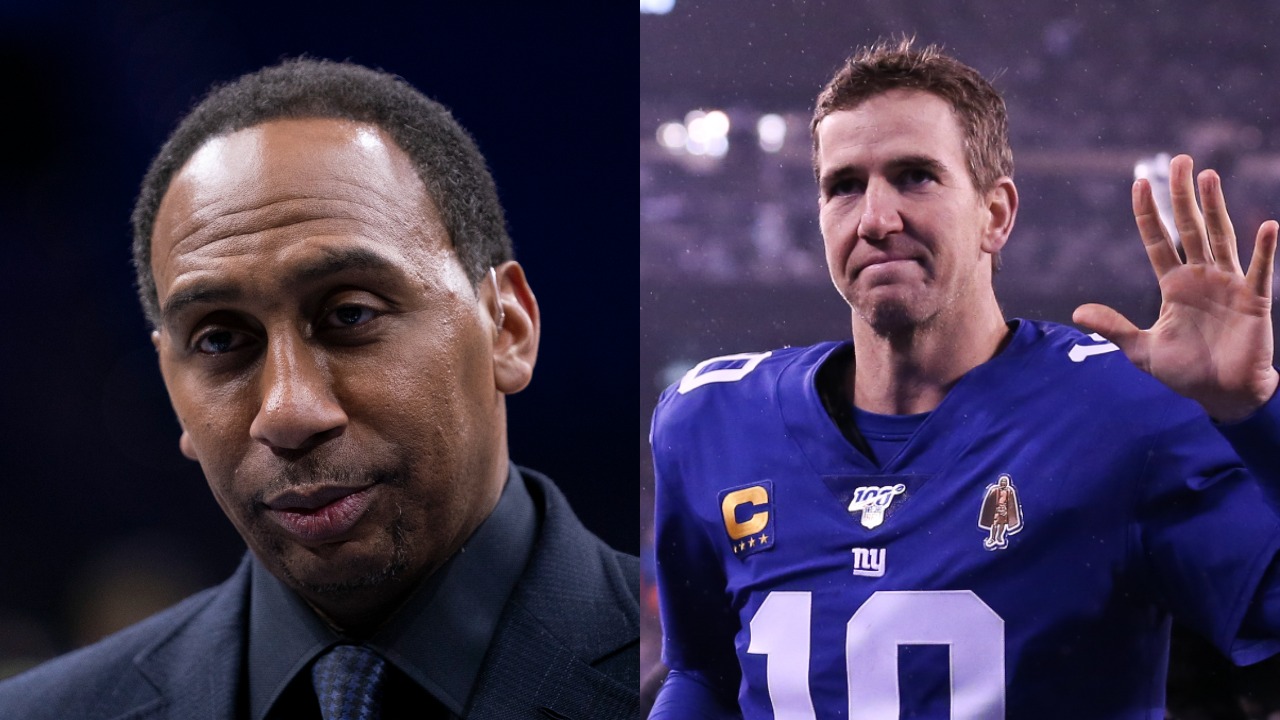 Stephen A Smith looks on before NBA game | Eli Manning leaves the field after Giants game