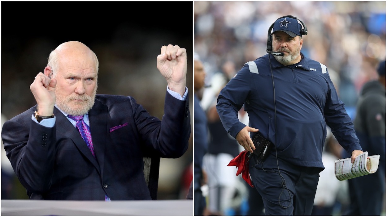 (L-R) Commenter Terry Bradshaw talks prior to the NFC Championship game between the Los Angeles Rams and the New Orleans Saints at the Mercedes-Benz Superdome on January 20, 2019 in New Orleans, Louisiana; Head coach Mike McCarthy of the Dallas Cowboys at SoFi Stadium on September 19, 2021 in Inglewood, California.