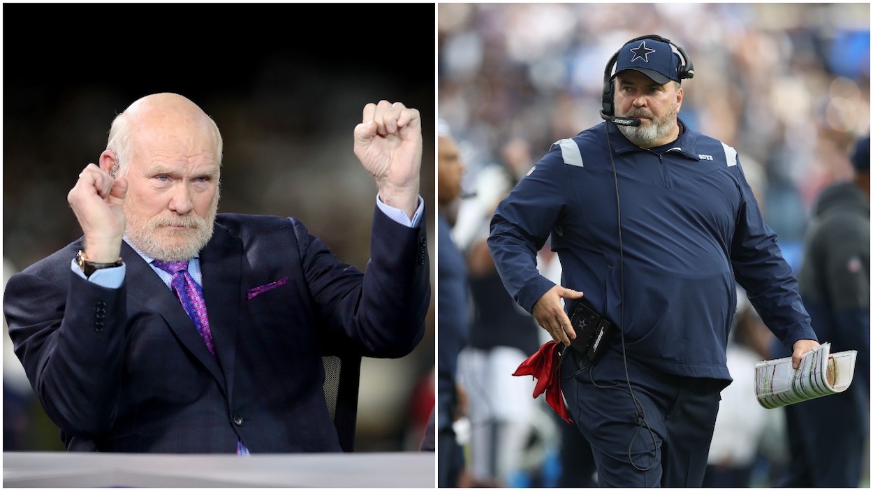 (L-R) Commenter Terry Bradshaw talks prior to the NFC Championship game between the Los Angeles Rams and the New Orleans Saints at the Mercedes-Benz Superdome on January 20, 2019 in New Orleans, Louisiana; Head coach Mike McCarthy of the Dallas Cowboys at SoFi Stadium on September 19, 2021 in Inglewood, California.