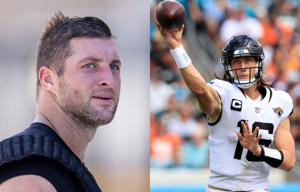 Jacksonville Jaguars tight end Tim Tebow (L) and quarterback Trevor Lawrence in 2021.