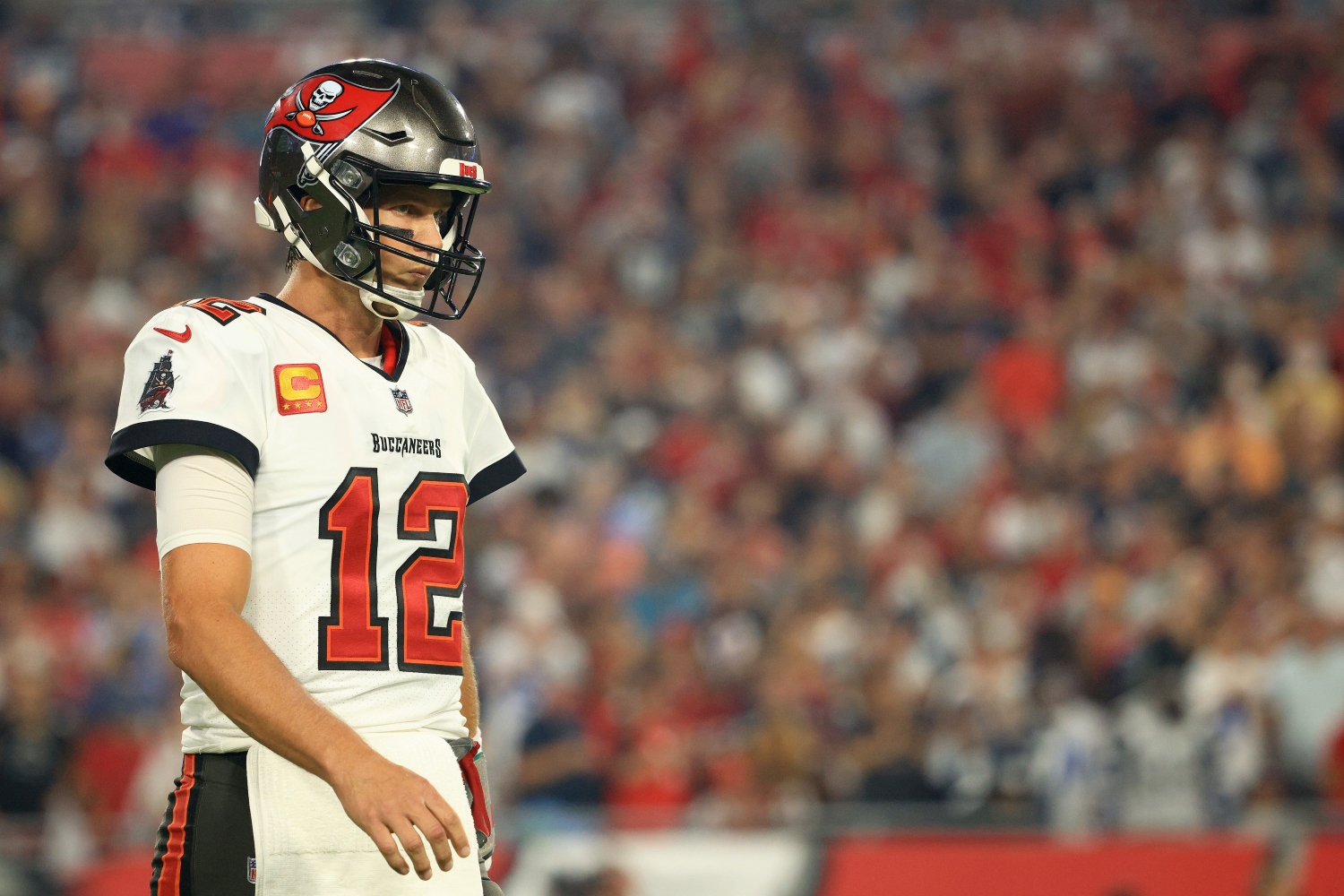 Tampa Bay Buccaneers quarterback Tom Brady looks on during the first quarter of a game against the Dallas Cowboys.