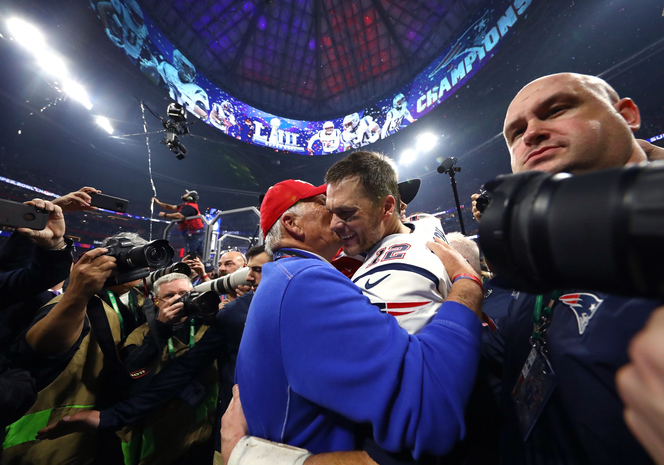 Tom Brady of the New England Patriots and Tom Brady Sr. celebrate the Patriots' 13-3 win over the Los Angeles Rams in Super Bowl 53.