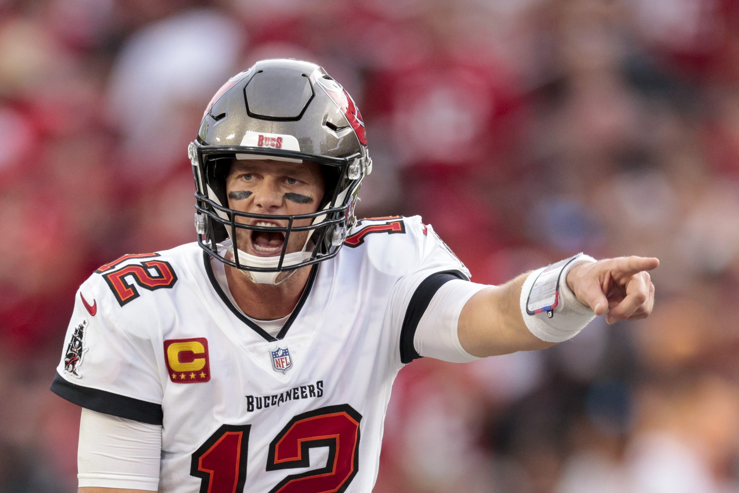 Tom Brady of the Tampa Bay Buccaneers reacts during the second half against the Atlanta Falcons.