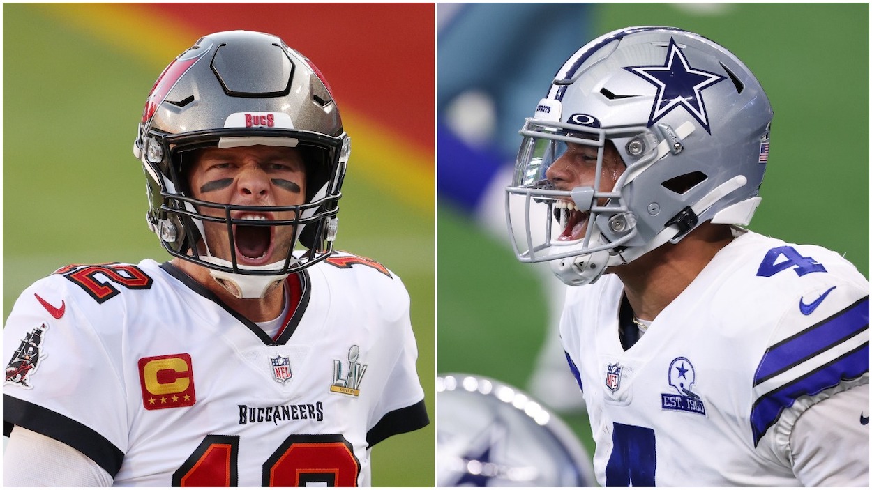 NFL Week 1 opponents (L-R) Tom Brady of the Tampa Bay Buccaneers shouts as he takes the field before Super Bowl LV against the Kansas City Chiefs at Raymond James Stadium on February 07, 2021 in Tampa, Florida; Dak Prescott of the Dallas Cowboys celebrates his touchdown reception against the New York Giants during the second quarter at AT&T Stadium on October 11, 2020 in Arlington, Texas.