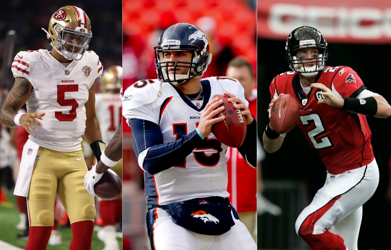 San Francisco 49ers quarterback Trey Lance (L), former Denver Broncos quarterback Tim Tebow, and Atlanta Falcons quarterback Matt Ryan.