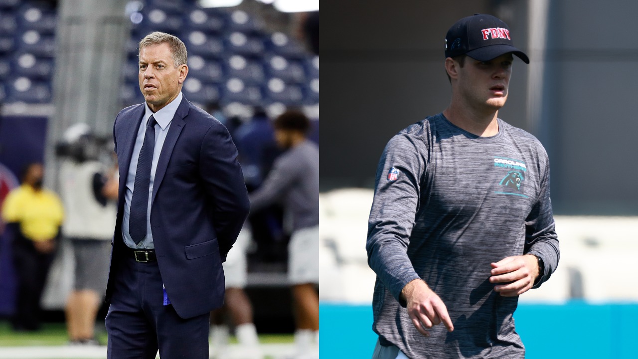 Troy Aikman on the field before NFL game | Former New York Jets quarterback Sam Darnold in action during practice