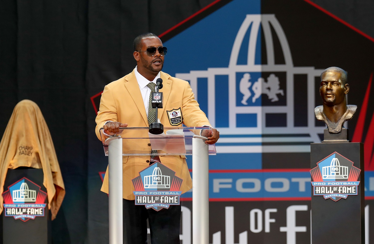 Ty Law addresses the crowd during the 2019 Pro Football Hall of Fame enshrinement on Aug. 3, 2019.