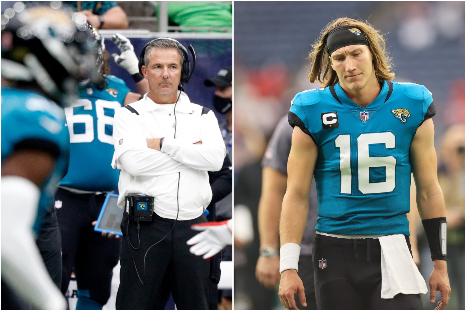 Urban Meyer watches his team play against the Texans as Trevor Lawrence walks off the field.