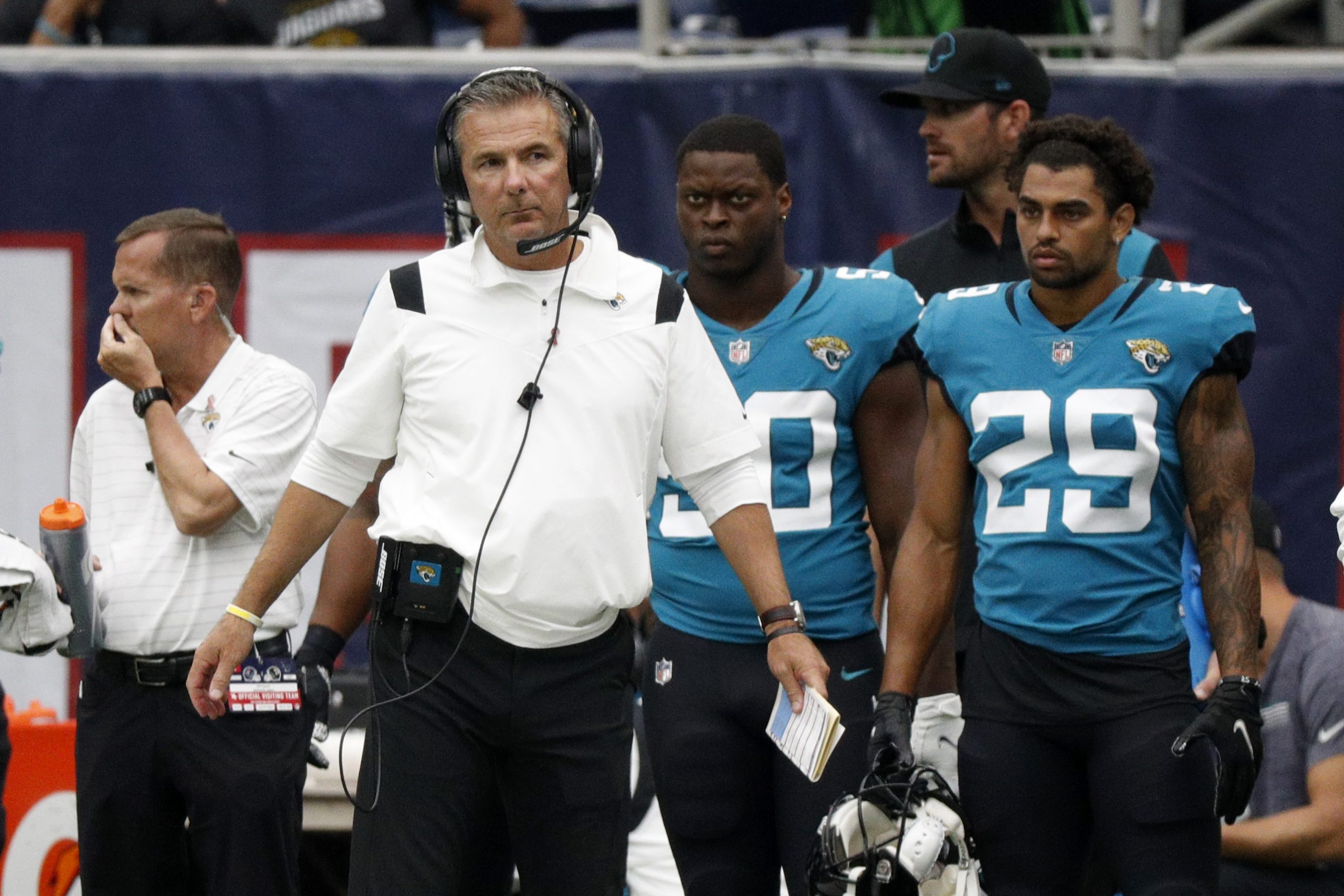 Head coach Urban Meyer of the Jacksonville Jaguars looks on during the game against the Houston Texans.