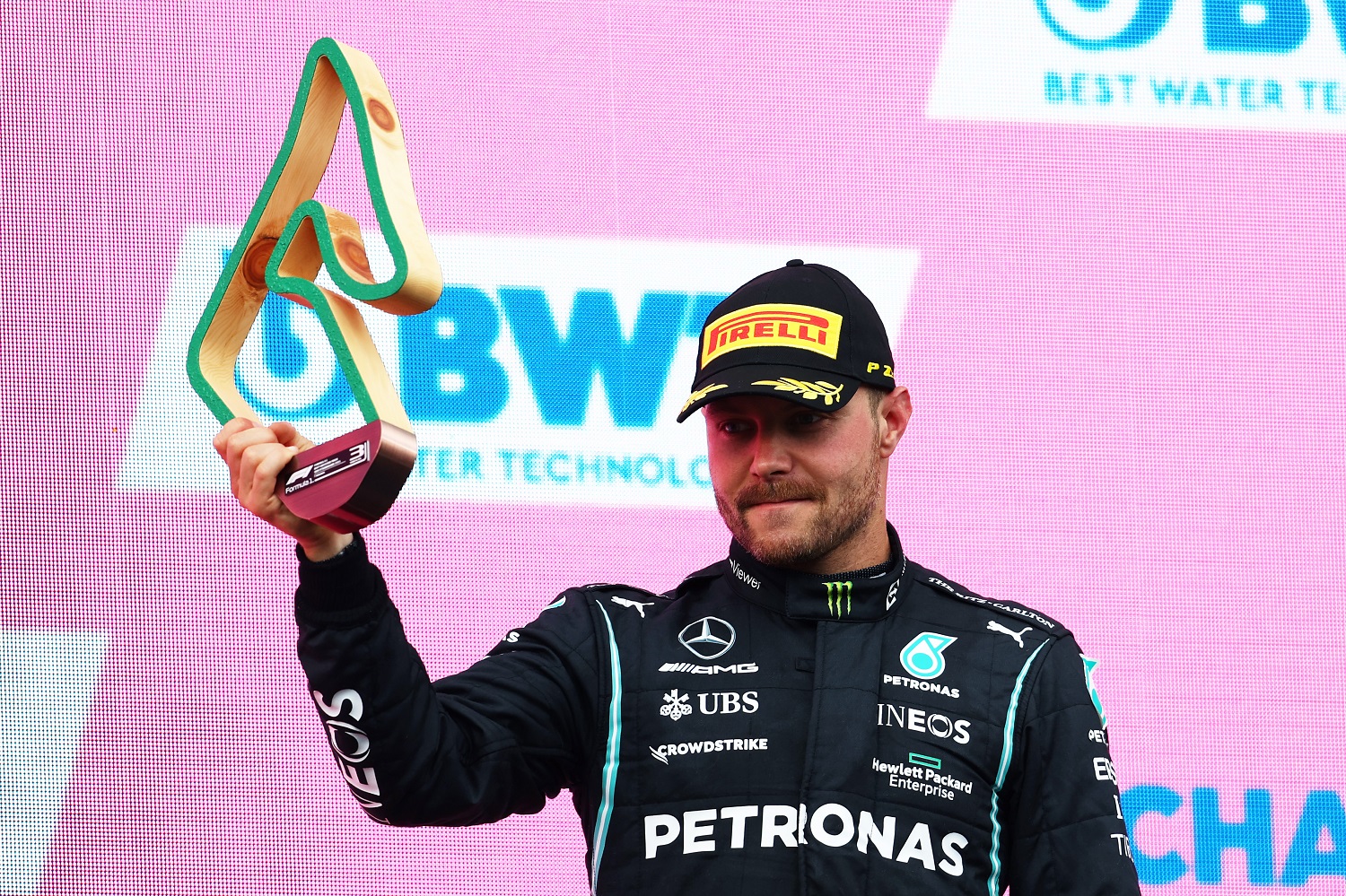Valtteri Bottas of Mercedes celebrates on the podium after the Formula 1 Grand Prix of Styria at Red Bull Ring on June 27, 2021, in Spielberg, Austria.