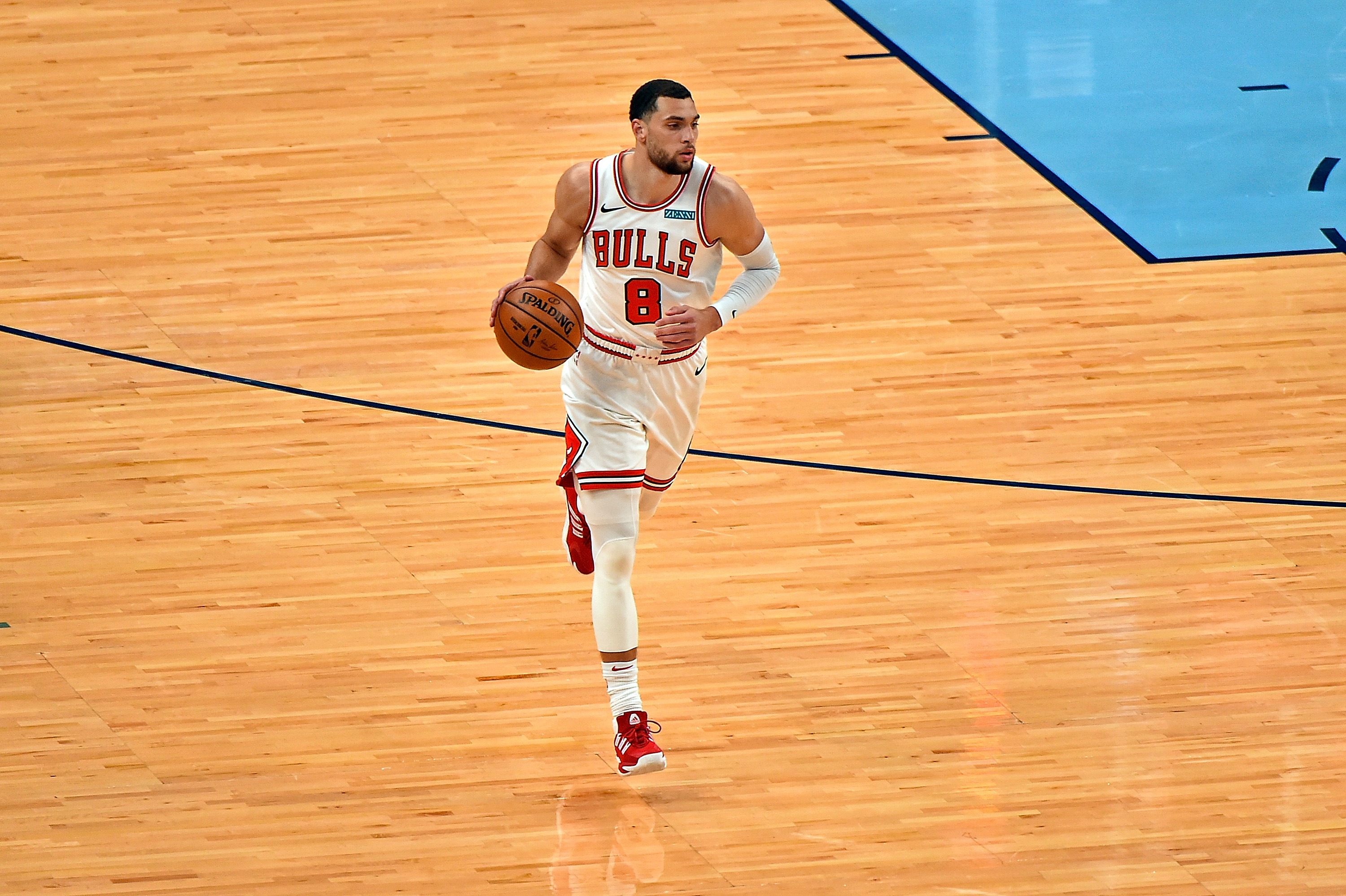 Bulls guard Zach LaVin dribbles up the floor during a game in April