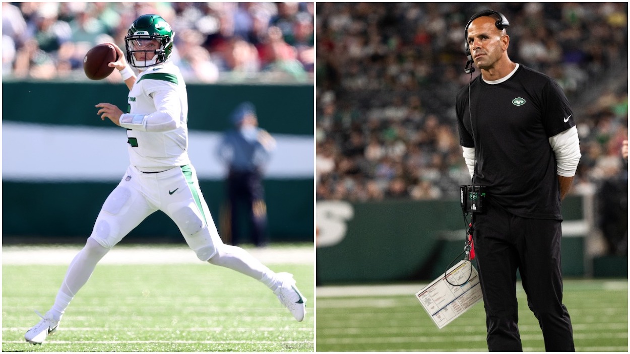 (L-R) Quarterback Zach Wilson of the New York Jets looks to pass the ball in the third quarter of the game against the New England Patriots at MetLife Stadium on September 19, 2021; New York Jets head coach Robert Saleh on the sidelines during the first quarter of a preseason game against the Philadelphia Eagles at MetLife Stadium on August 27, 2021.