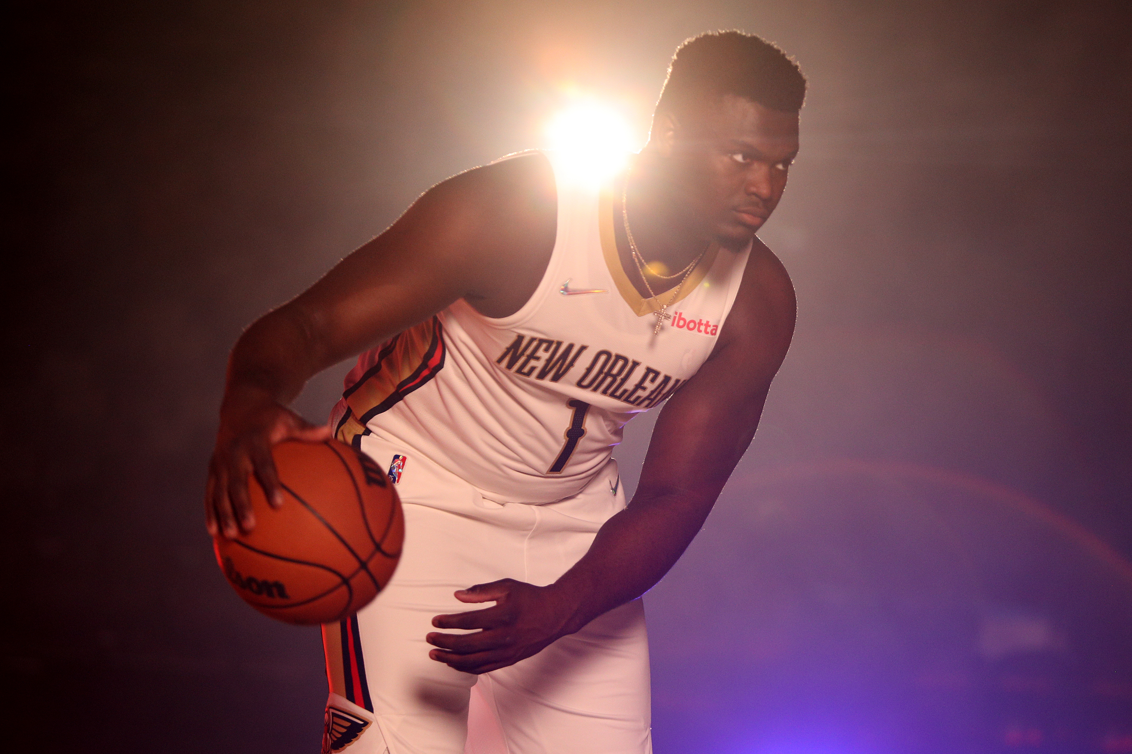Zion Williamson poses during New Orleans Pelicans Media Day