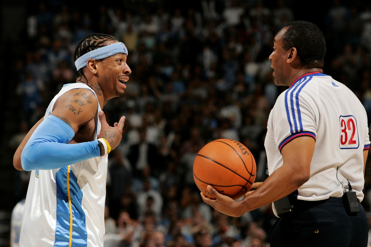 Allen Iverson questions an official after a foul call.