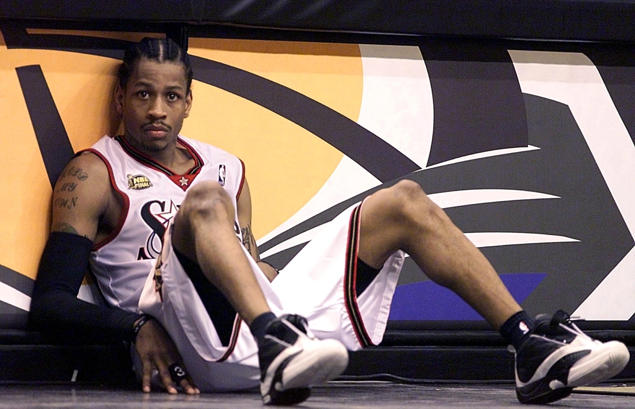 Allen Iverson sits courtside during the 2001 NBA Finals. Iverson's famous "practice" rant happened earlier that season.