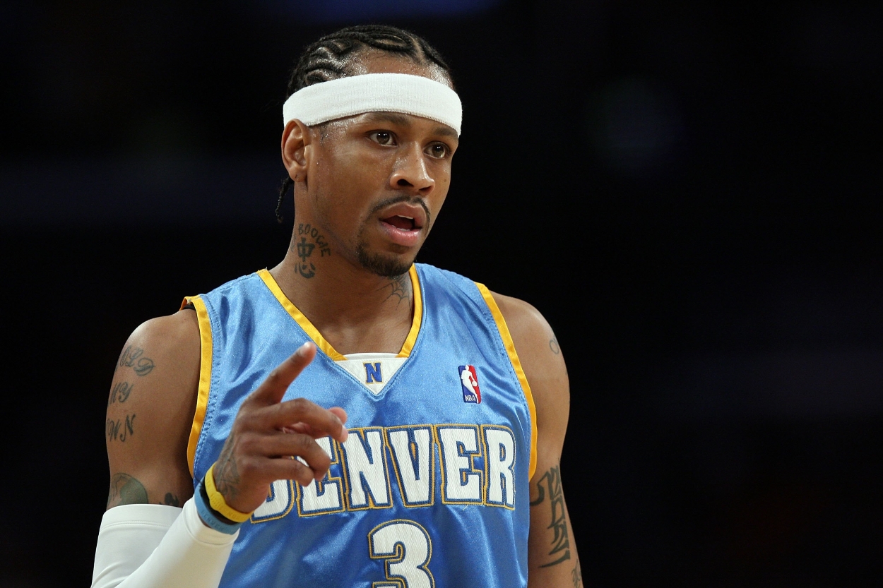 Allen Iverson of the Denver Nuggets reacts while taking on the Los Angeles Lakers in Game 2 of the Western Conference Quarterfinals during the 2008 NBA Playoffs.