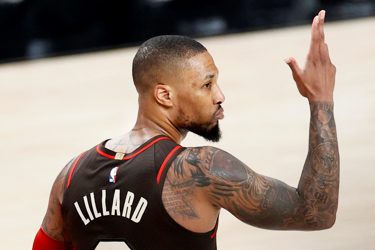 Damian Lillard of the Portland Trail Blazers reacts to hitting a three during the 2021 NBA Playoffs.