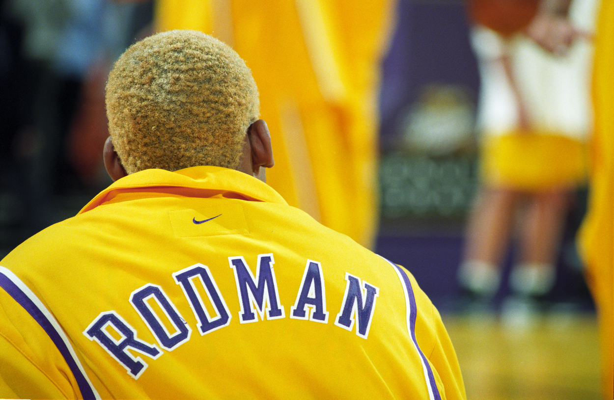 Dennis Rodman in one of the 23 games he appeared in for the Los Angeles Lakers.