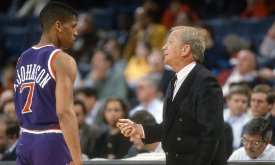 Cotton Fitzsimmons talks to Kevin Johnson. The new Hall of Famer coached the Phoenix Suns three times, 1970-72, 1988-92, and 1996